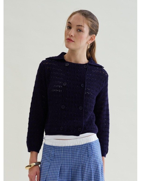 Cardigan Cropped in Maglia Traforata con Doppio Petto