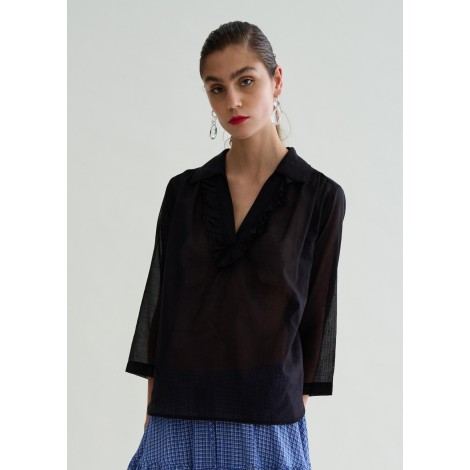 Camicia Trasparente Nera con Dettaglio Volant
