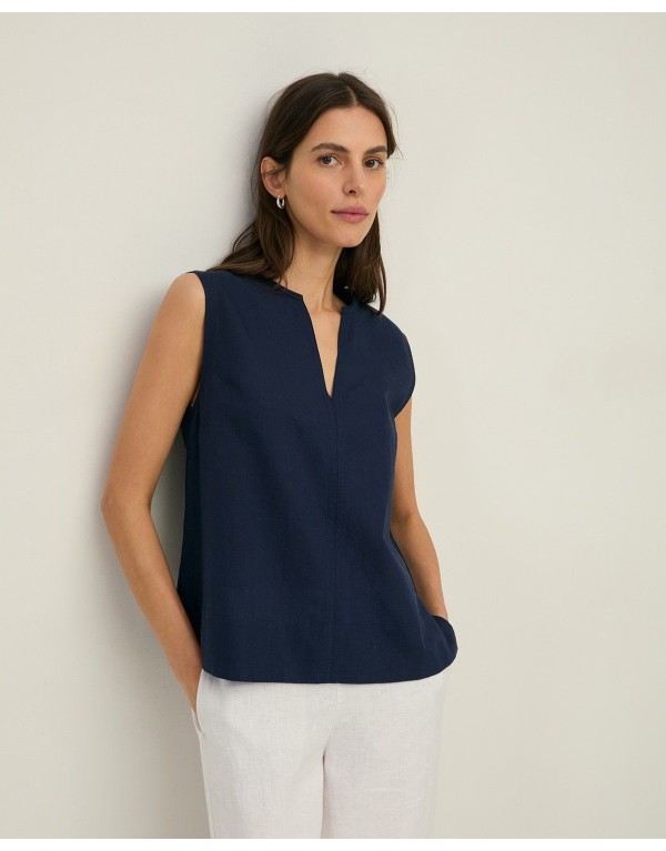 Blusa Smanicata in Lino e Cotone con Scollo a V