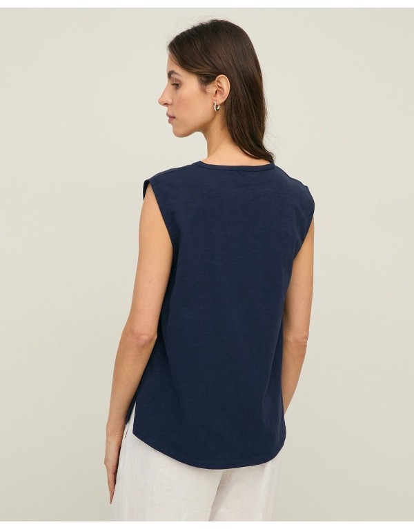 Blusa Smanicata in Lino e Cotone con Scollo a V