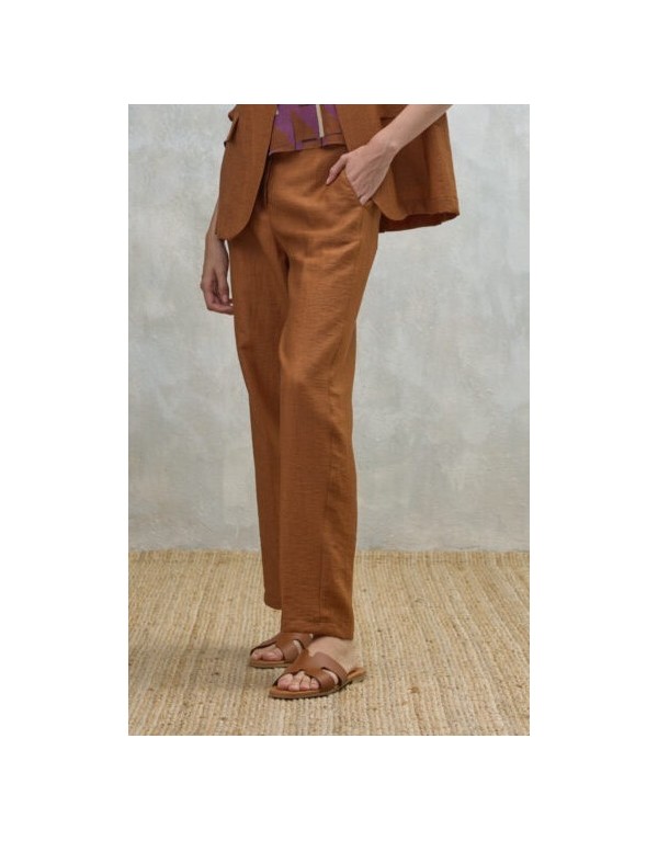 Pantalone Straight Leg Ollie in Lino e Viscosa – Color tabacco