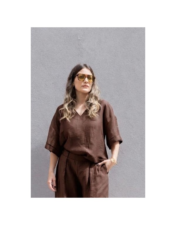 Blusa in Puro Lino con Scollo a V e Dettaglio Bottoni