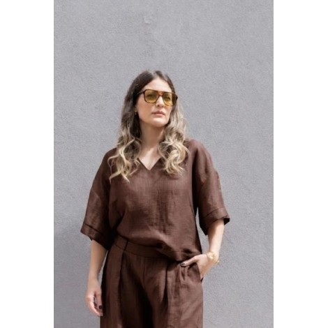 Blusa in Puro Lino con Scollo a V e Dettaglio Bottoni