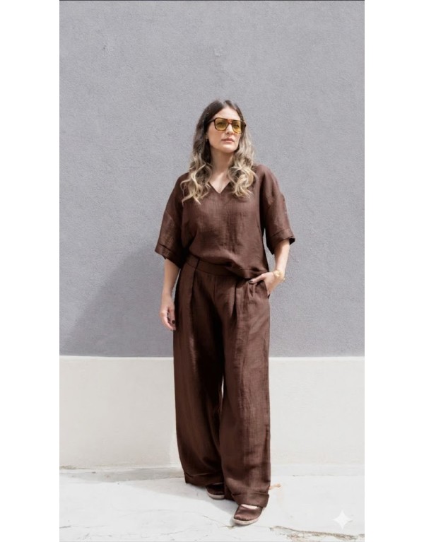 Blusa in Puro Lino con Scollo a V e Dettaglio Bottoni