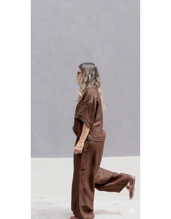 Blusa in Puro Lino con Scollo a V e Dettaglio Bottoni