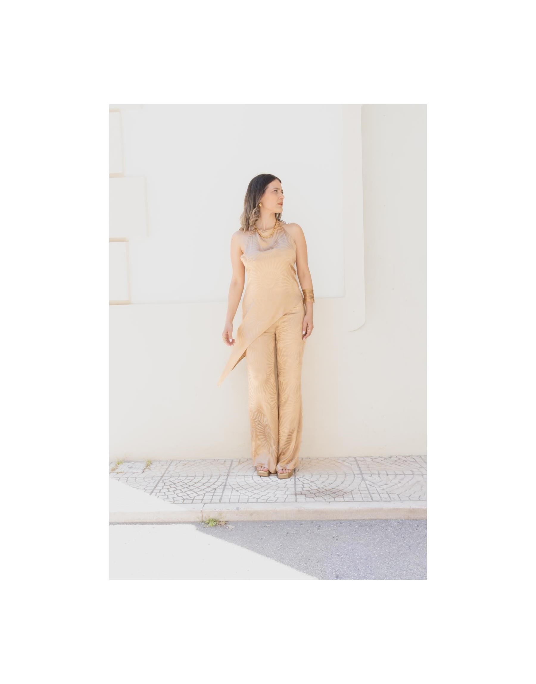Pantalone Palazzo in Viscose Jacquard – Oro Antico