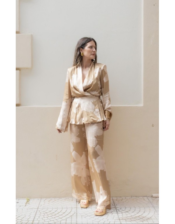 Pantaloni Palazzo  con Stampa Floreale Bianca su Fondo Champagne
