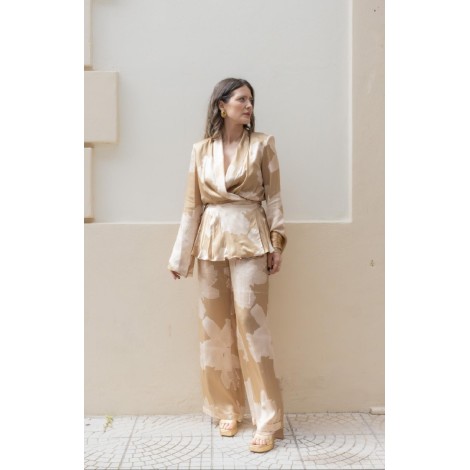 Pantaloni Palazzo  con Stampa Floreale Bianca su Fondo Champagne