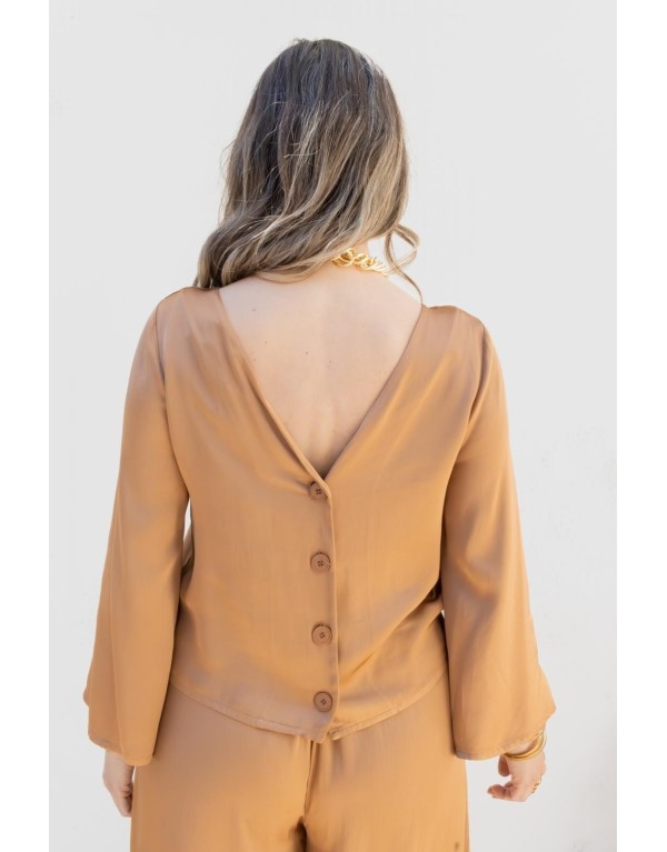 Blusa in Viscosa con Scollo a V e Bottoni Posteriori – Bronzo Dorato