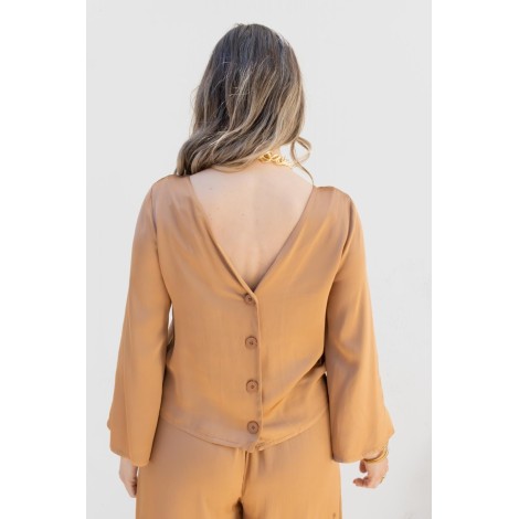 Blusa in Viscosa con Scollo a V e Bottoni Posteriori – Bronzo Dorato