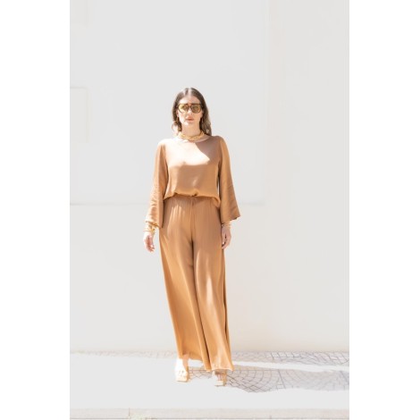 Blusa in Viscosa con Scollo a V e Bottoni Posteriori – Bronzo Dorato
