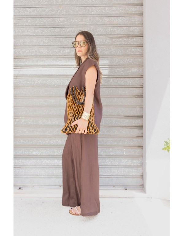 Pantalone Gamba Larga in Puro Lino Marrone Cioccolato