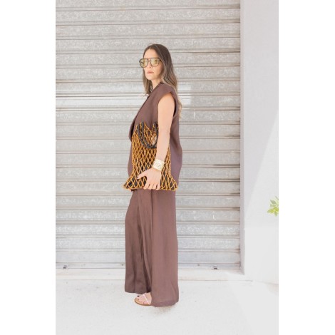 Pantalone Gamba Larga in Puro Lino Marrone Cioccolato