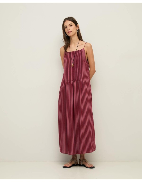 Abito Midi a Righe Plissettato: Stile Effortless in Magenta e Bordeaux