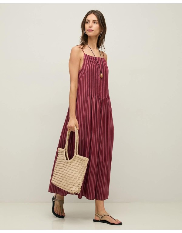 Abito Midi a Righe Plissettato: Stile Effortless in Magenta e Bordeaux