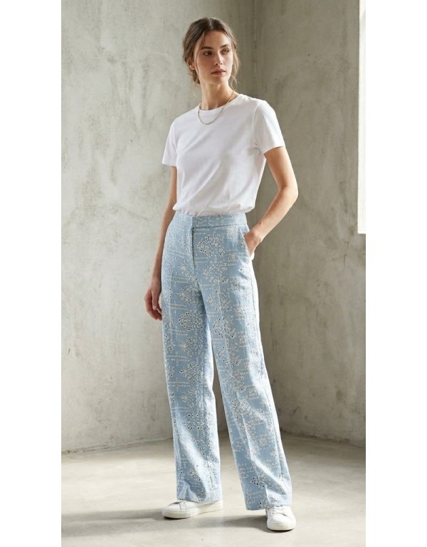 Pantaloni Palazzo in Cotone Sangallo Celeste con Ricamo Geometrico
