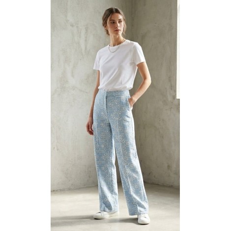 Pantaloni Palazzo in Cotone Sangallo Celeste con Ricamo Geometrico